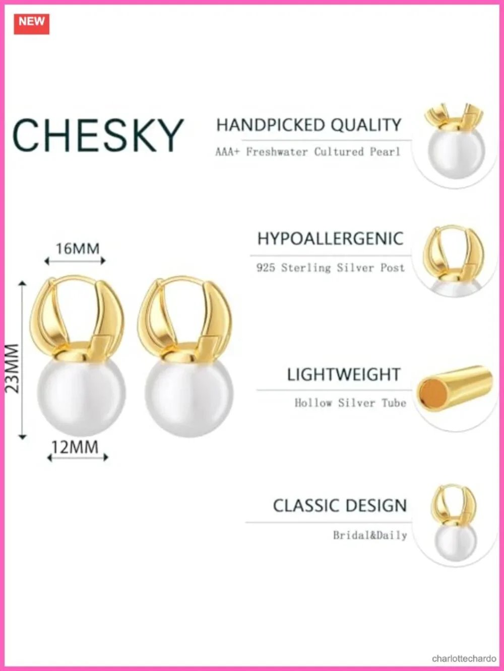 14K Gold Plated Pearl Drop Earrings for Women, Freshwater Cultured Pearl Dangle